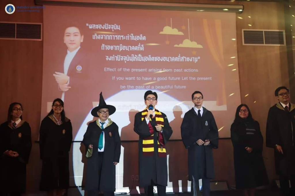 The Faculty of Engineering, Mahidol University orchestrated the 2023 Freshmen Orientation Day, enchanting participants with a Harry Potter-themed experience, magically transforming an auditorium into the grandeur of Hogwart's Castle Hall.