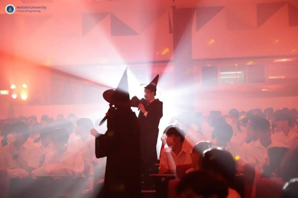 The Faculty of Engineering, Mahidol University orchestrated the 2023 Freshmen Orientation Day, enchanting participants with a Harry Potter-themed experience, magically transforming an auditorium into the grandeur of Hogwart's Castle Hall.
